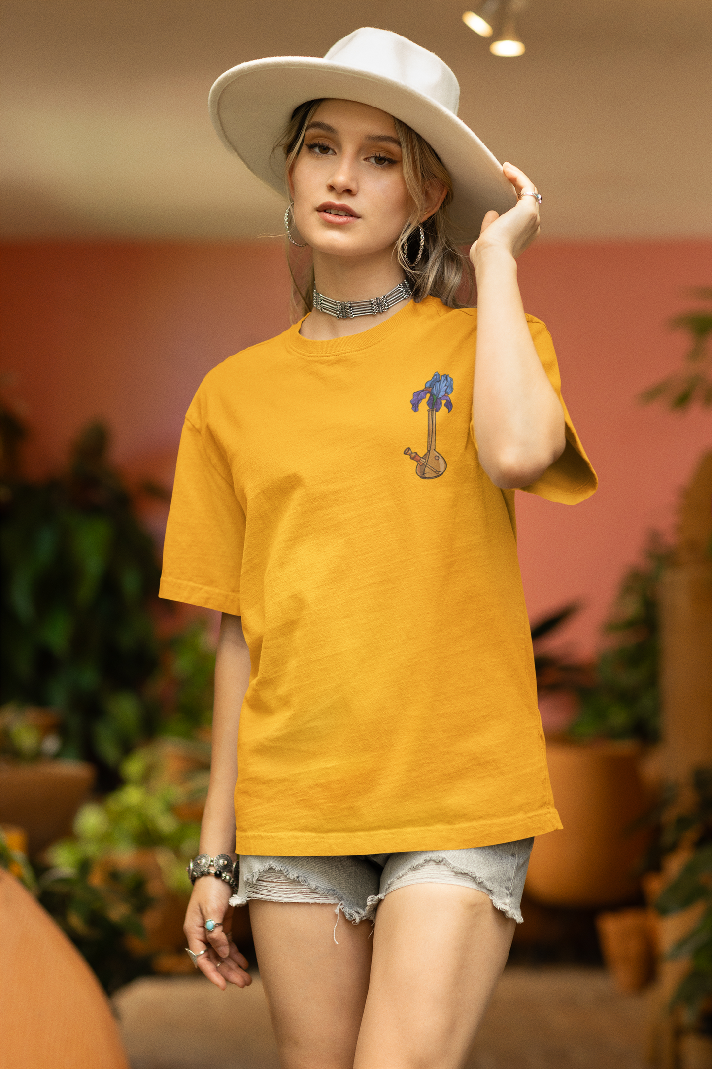 Unisex - Flowers graphic yellow oversized T-shirt